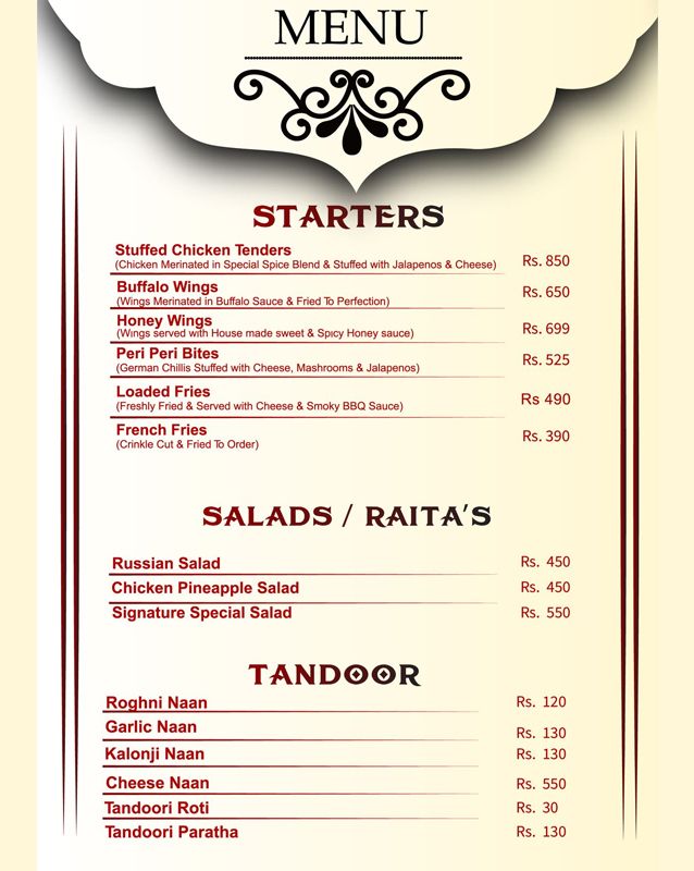 Signature Inn menu