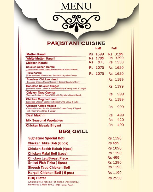 Signature Inn menu