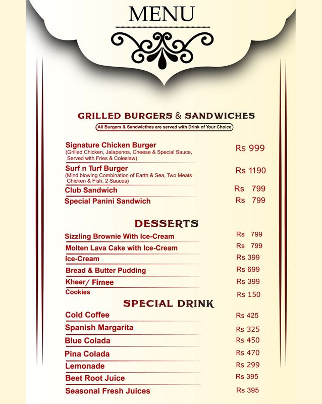 Signature Inn menu