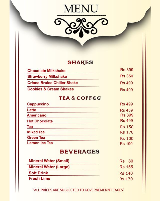 Signature Inn menu