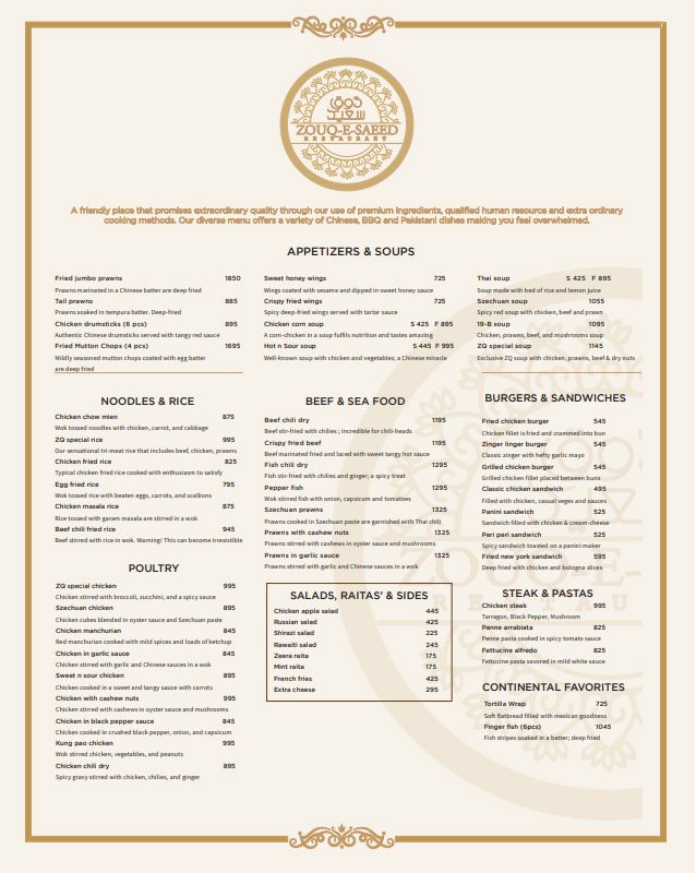 Zouq-E-Saeed Restaurant menu