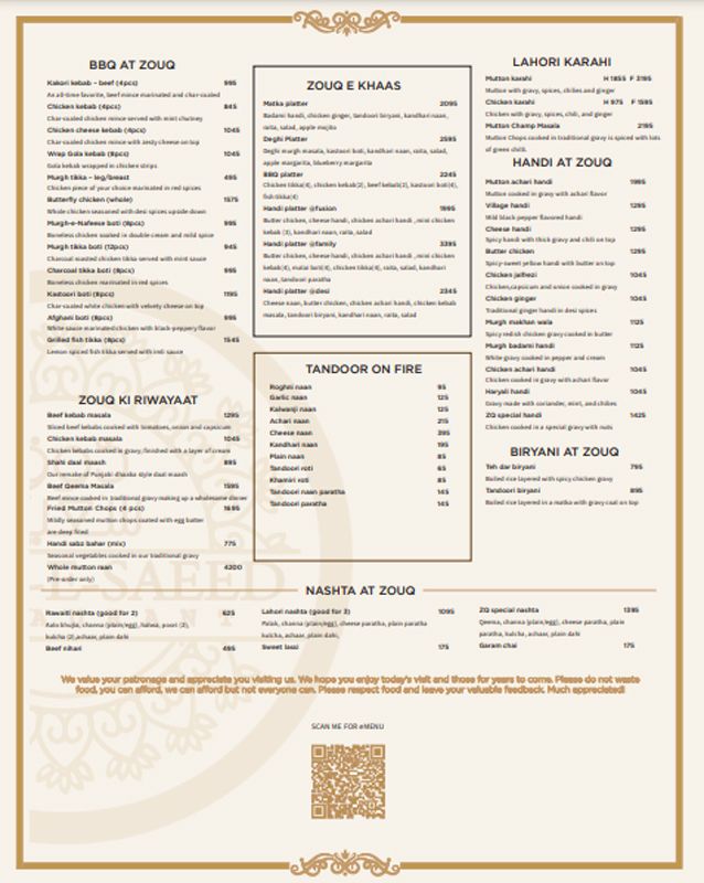 Zouq-E-Saeed Restaurant menu